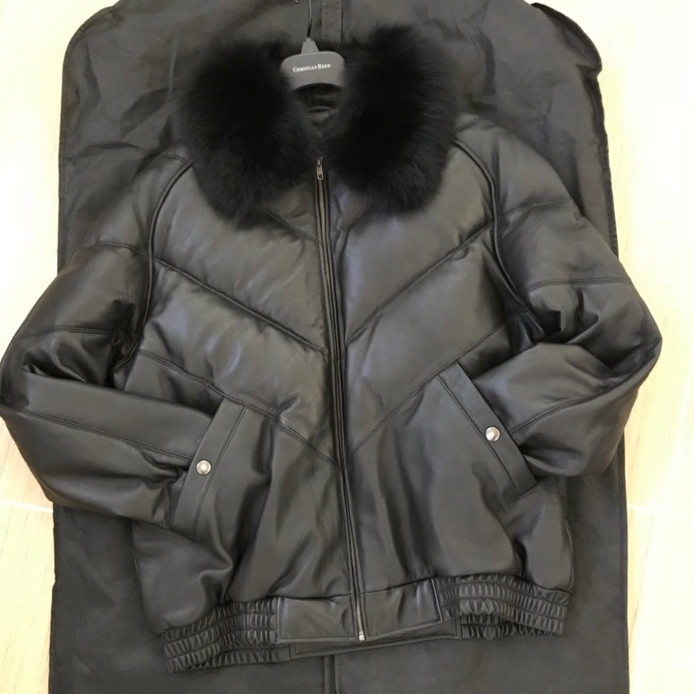 Mason & Cooper V Bomber Goose Down Lambskin Leather Jacket with Fox Collar